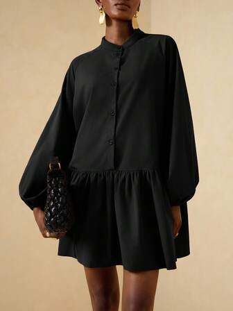 Vesra 女士休闲日常通勤简约纯色立领灯笼袖荷叶边下摆宽松短款连衣裙，春秋