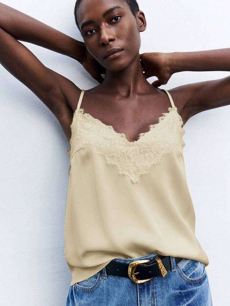 SHEIN Maija Women's Contrast Lace Loose V-Neck Adjustable Spaghetti Strap Cami Top, Versatile For Urban Commute, Business Casual, Office Wear, Teacher, Elegant Outerwear Lace Trim Top Modern Urban Casual Fashion Business Casual Women's Office Wear Low-Key Old Money Style Urban Commuting Airport Wear Material St Patrick's Day Easter Party Top Beach Holiday Going Out Graduation