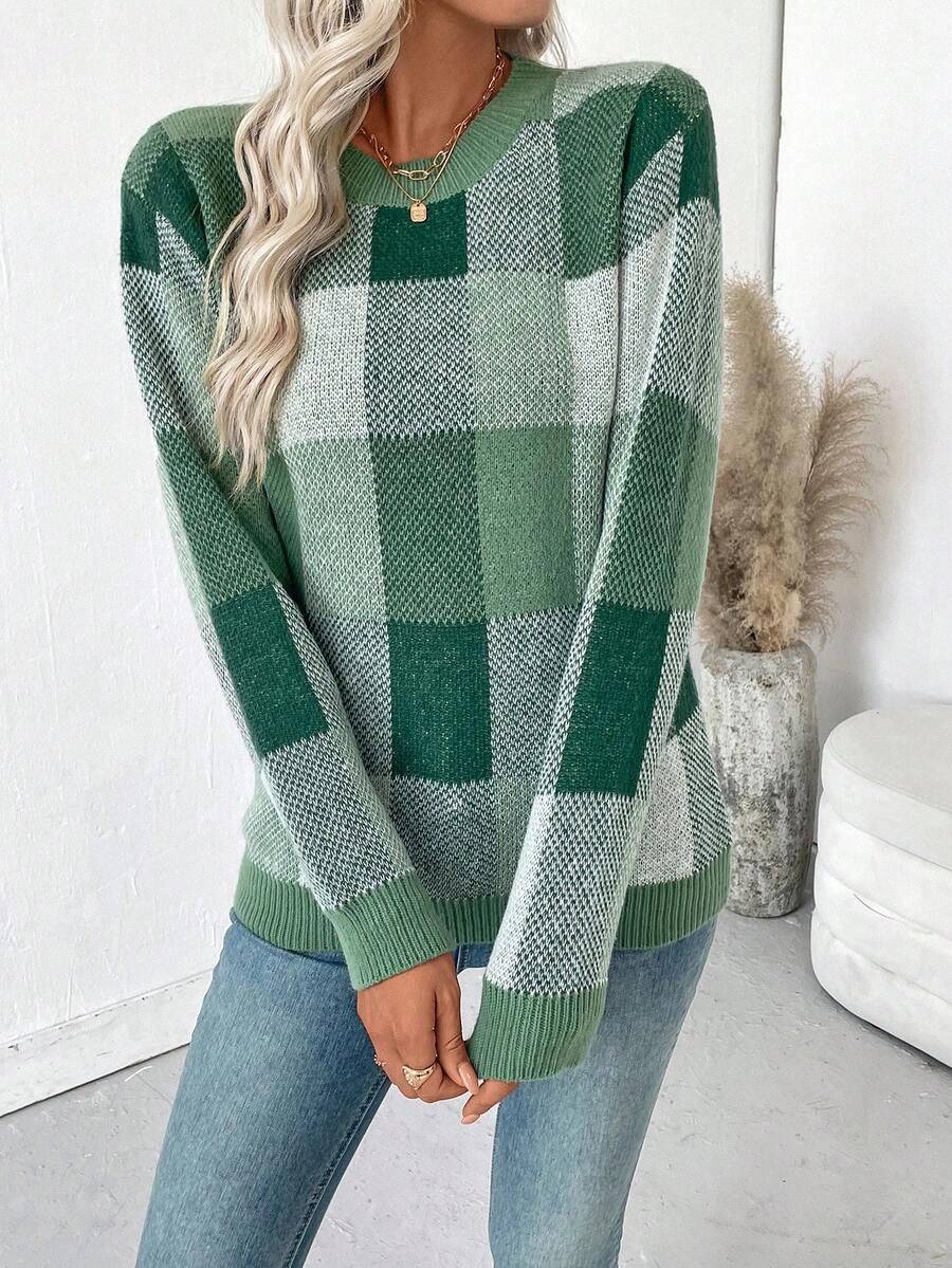 EMERY ROSE Christmas Sweater Women's Casual Commuter Plaid Pattern Drop Shoulder Loose Pullover Sweater, Autumn/Winter - Green - View 1