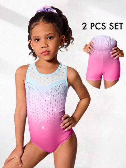 2pcs/Set Young Girls' Gymnastics Leotard And Shorts Set, Cute Printed & Rhinestone Decor, Suitable For Casual, Sports, Competition