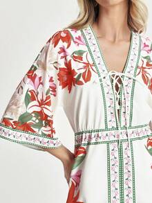 CAJUNI 女式花卉印花系带蝙蝠袖休闲短款连衣裙 - 紅色 - 查看 6