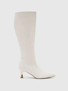 CUCCOO BIZCHIC 女士时尚尖头简约优雅百搭通勤侧拉链细高跟及膝靴 - 米色 - 查看 2