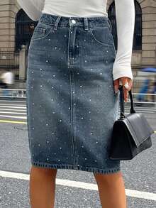 DAZY Women's Regular Waist Rhinestone Embellished Straight Casual Denim Skirt, Summer Y2k - Medium Wash - View 1