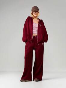 MISSGUIDED 交叉后背紧身连衣裤，蝴蝶结细节阔腿设计，适合休闲家居服和运动休闲装 - 酒紅色 - 查看 3