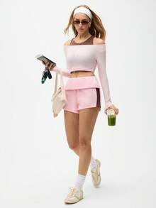 Eassivo Eassivo 女士时尚撞色翻腰运动短裤，夏季 - 粉色 - 查看 5