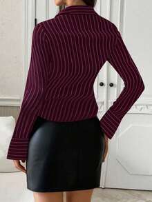 INAWLY Áo sơ mi dài tay ôm sát in họa tiết sọc, cài nút phía trước dành cho nữ - Nhiều màu - Xem 2