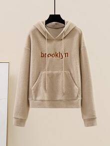 GlowEve 女式布鲁克林刺绣羊羔绒运动衫和羊毛混纺裤套装，休闲日常通勤商务法式浪漫约会派对圣诞节，秋冬，杏色和卡其色长袖连帽衫和长裤两件套 - 卡其色 - 查看 9