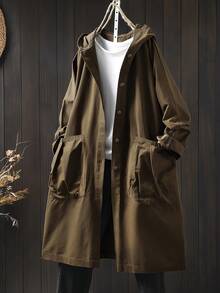 SHEIN Tall CURVE 秋季大码休闲纯色双口袋连帽夹克 - 咖啡棕 - 查看 1