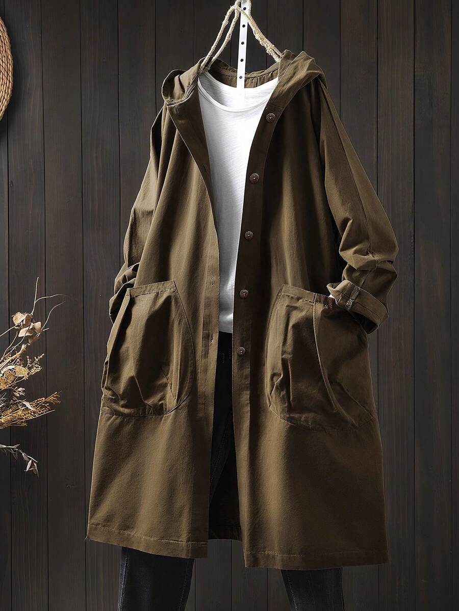 SHEIN Tall CURVE 秋季大码休闲纯色双口袋连帽夹克 - 咖啡棕 - 查看 1