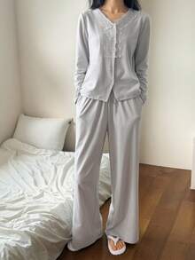 DAZY Women's Lace Patchwork Brushed Pajama Set, Autumn/Winter - Light Grey - View 6
