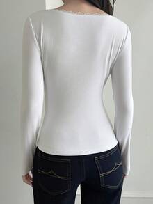 Livesso Women's Lace Trim Long Sleeve Fitted T-Shirt, Autumn