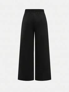 SHEIN Tween Girls Back To School Sports Casual Solid Color Set, Long Sleeve Cropped T-Shirt With Ruched Details And Straight Leg Sweatpants, Autumn/Winter - Black - View 11