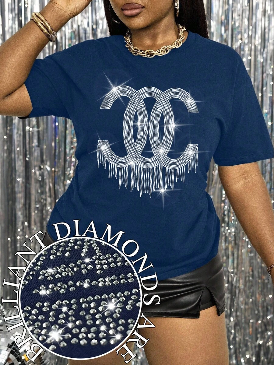 Maweii Camiseta de manga corta con eslogan y diamantes de imitación para mujer, tallas grandes - Azul Marino - Ver 1