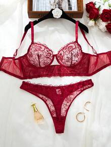 SHEIN 2pcs Plus Size Women Christmas Black Embroidery Lingerie Set, Hollow Out Sheer Thin Long Bone Bra And Panty Set - Burgundy - View 1