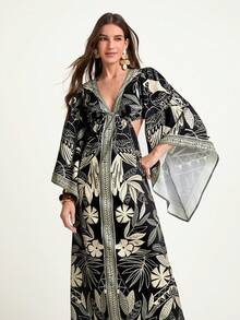 CAJUNI Women's Autumn/Winter V-Neck Oversized Sleeve Hollow Waist Backless Tie Straight Dress With Brazilian Parrot, Tropical Floral, Print