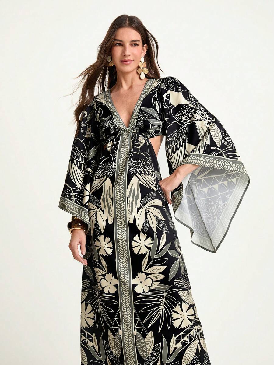 CAJUNI Women's Autumn/Winter V-Neck Oversized Sleeve Hollow Waist Backless Tie Straight Dress With Brazilian Parrot, Tropical Floral, Print