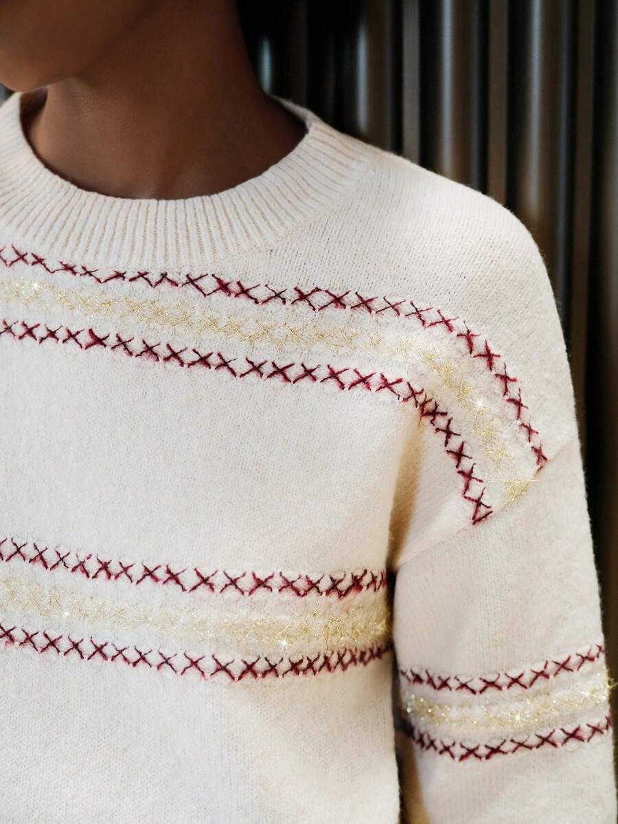 SHEIN ChicEase Women's Casual Fashionable Young Minimalist Versatile Commuting Loose Crew Neck Colorblock Christmas Sweater, Autumn/Winter - Apricot - View 1