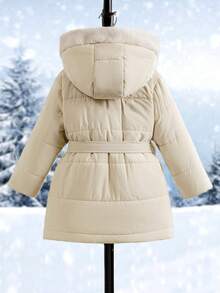 Elladie kids Young Girls Quilted Mid-Length Hooded Padded Coat With Waist Tie And Pocket, Suitable For Casual, Outdoor, Autumn/Winter Girls Long Winter Coat Winter Jacket Girls Girls Coats Winter - Khaki - View 2