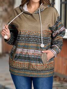EMERY ROSE Plus Size Women Casual Plush For Warmth Hooded Vintage Striped Print Patchwork Pocket Sweatshirt, Autumn/Winter,Winter Clothes For Women,Going Out Outfits,Fall Clothes For Women,Fall Outfits,2025 New Clothes,Casual Everyday Wear,Fall Long Sleeve Tops For Women, Plus Size Hoodies Women