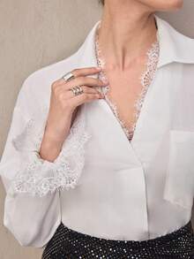 Modelyn Blusa casual suelta con contraste de encaje elegante y sencillo, adecuada para el trabajo y el transporte - Blanco - Ver 5