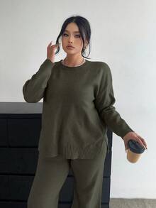 Vibekara Conjunto de pantalones de pierna ancha y manga larga de punto suave y favorecedor, versátil y casual - Verde militar - Ver 3