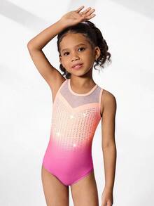 2pcs/Set Young Girls' Gymnastics Leotard And Shorts Set, Cute Printed & Rhinestone Decor, Suitable For Casual, Sports, Competition - Multicolor - View 5