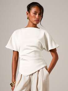 COSMINA Women's Elegant Ruched Round Neck T-Shirt, Suitable For All Seasons - White - View 3