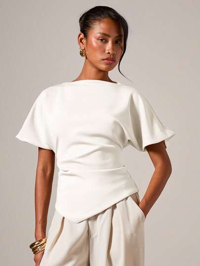 COSMINA Women's Elegant Ruched Round Neck T-Shirt, Suitable For All Seasons