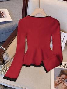 Franclia Pull tricoté à manches longues, col carré élégant, ajusté et extensible. Avec bordure contrastée. Convient pour la rentrée, le port décontracté, ourlet à volants. Automne/Hiver