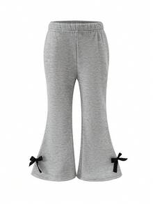 SHEIN 2 件套年轻女孩韩版休闲灰色运动衫，带蝴蝶结和喇叭裤套装，独特的秋冬装 - 灰色 - 查看 6