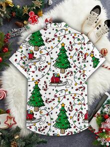 Manfinity Roghcode 男士休闲圣诞灯和树印花白色修身短袖衬衫 - 彩色 - 查看 5