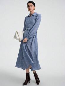 SHEIN Stylify 女式蓝色牛仔连衣裙，配腰带，长袖修身设计，奢华亚麻面料，适合秋季、冬季、春季、派对、宴会、聚会、休闲和工作穿着 - 藍色 - 查看 5