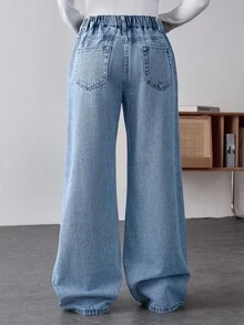 SHEIN Maternity Light Blue Rhinestone Decor Straight-Leg Denim Jeans,Summer Smart Casual Everyday High Waist Elastic Waist Snowflake Wash Maternity Pants - Blue - View 2