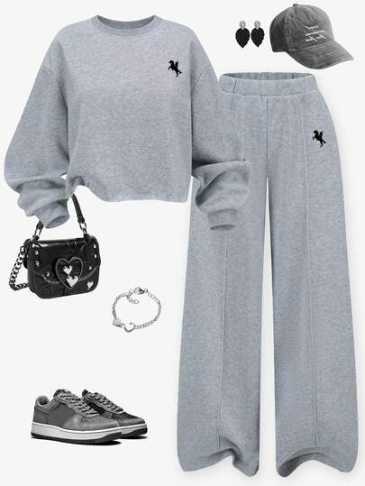 SHEIN ChillGRL 2 st/set tonårsflickor, avslappnad tröja och mjukisbyxor med hästtryck, bekväm och varm outfit för höst/vinter