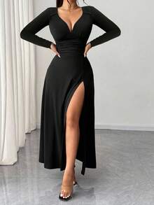 Rafferiza 女式黑色优雅纯色 V 领高弹力修身长袖派对礼服，百搭时尚设计，开衩秋季布料，适合女士约会/派对/夜总会/街头/万圣节/情人节/生日礼服婚礼宾客礼服优雅礼服乡村音乐会服装 - 彩色 - 查看 3
