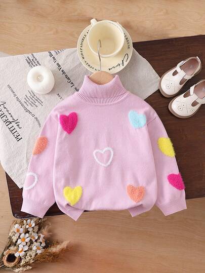 SHEIN Vintaside Kids 粉色女童柔软舒适高领针织套头毛衣，适合日常穿着、户外活动、旅行、度假和居家穿着。