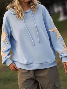 WanderVale 女式秋季连帽抽绳宽松休闲拼布星星图案长袖运动衫 - 淺藍色 - 查看 3