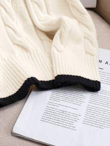 SHEIN Tween Girl V-Neck Stripe Detail Cable Knit Sweater, Black And White, Autumn, Casual, Holiday, Back-To-School Daily Wear Tween Girl Warm Winter Pullover Sweaters - Beige - View 6