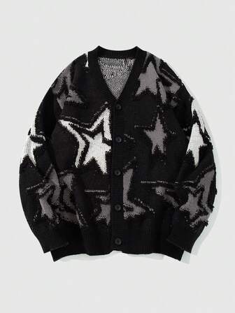 Street Life Cardigan uomo con scollo a V e bottoni, in maglia jacquard con motivo a stella a cinque punte, di moda