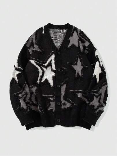 Street Life Cárdigan de punto con cuello en V y botones con estampado de estrella de cinco puntas de moda para hombre