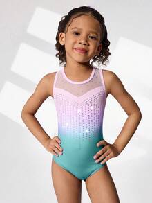 Set de 2 piezas de leotardo y shorts para gimnasia de niñas jóvenes, con diseño impreso lindo y decoración de rhinestones, adecuado para uso casual, deportivo y de competición - Multicolor - Ver 4