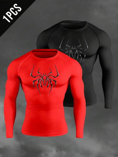 Manfinity Sport Corelite 男士圆领插肩袖休闲创意蜘蛛图案运动背心氨纶长袖压缩衣男士健身服