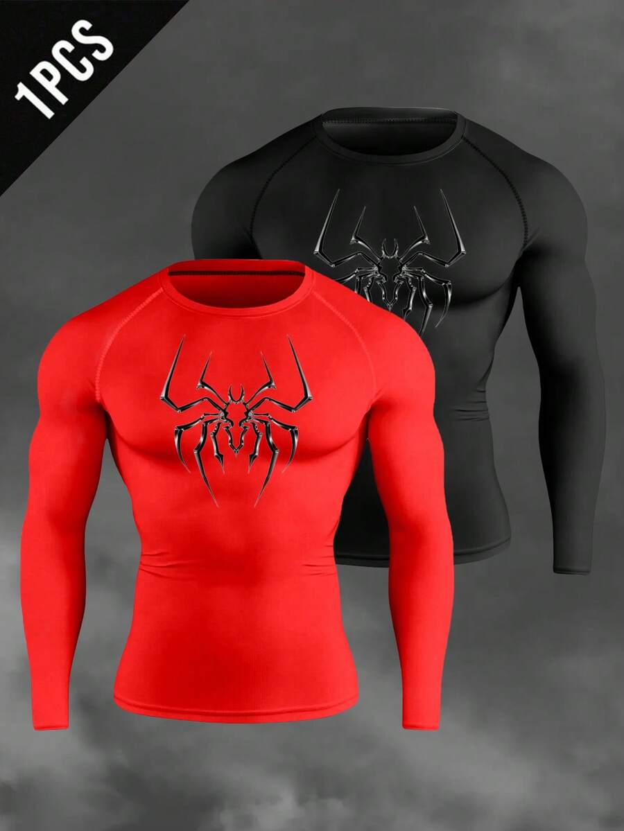Gym Rark Áo thun thể thao nam cổ tròn tay raglan họa tiết nhện độc đáo, chất liệu spandex, tay dài, áo nén thể thao, áo tập gym. - Đỏ - Xem 1