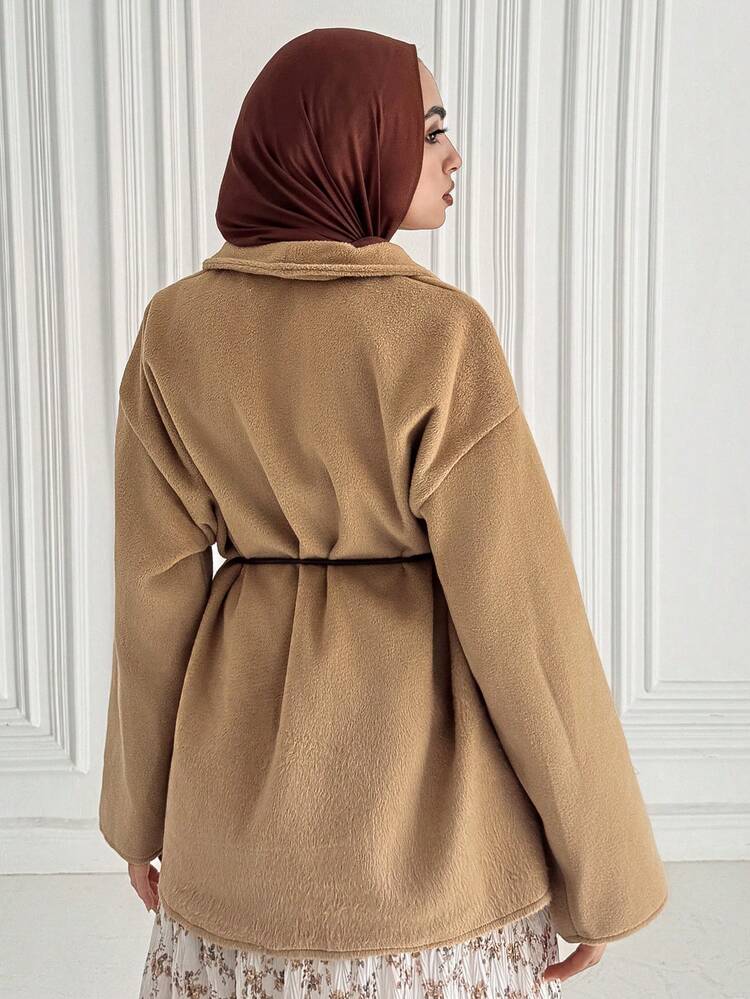 Stylish Short Belted Overcoat With Reversible Lapel, Thick Winter Jacket For Women Modest Fashion
