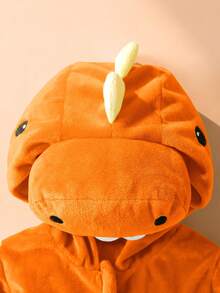 SHEIN 新生儿可爱趣味水晶毛绒3D恐龙造型连体衣，长袖和长裤 - 橘色 - 查看 4