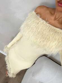 Glamine 女式优雅露肩拼接蓬松修身毛衣和高开叉下摆毛衣裙两件套，秋季 - 杏色 - 查看 5