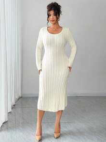 Dazy Plus Elegant Long Sleeve Beaded Decor Fitted Maxi Sweater Dress, Plus Size, Suitable For Formal Events In Autumn/Winter