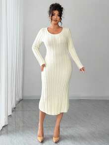 Dazy Plus Elegant Long Sleeve Beaded Decor Fitted Maxi Sweater Dress, Plus Size, Suitable For Formal Events In Autumn/Winter