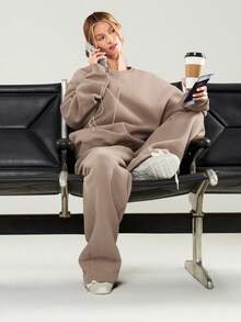 GLOWMODE Heavyweight Fleece Oversized Fit Sweatshirt Thick Thermal Warm Winter - Khaki - View 5