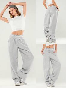 GLOWMODE Quần jogger ống rộng dáng rộng, chất liệu nỉ dày dặn, có dây rút điều chỉnh eo, kiểu dáng cơ bản, có túi bên hông, thích hợp mặc hàng ngày, giữ ấm mùa đông. - Xám - Xem 8